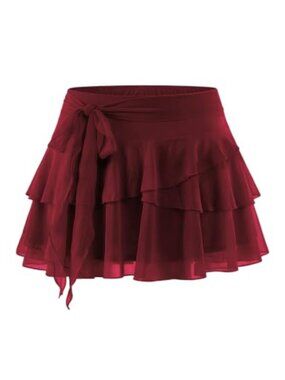 Women's Mesh Mini Skort Lace Layered Ruffle Trim Flowy Boho Micro Skirt